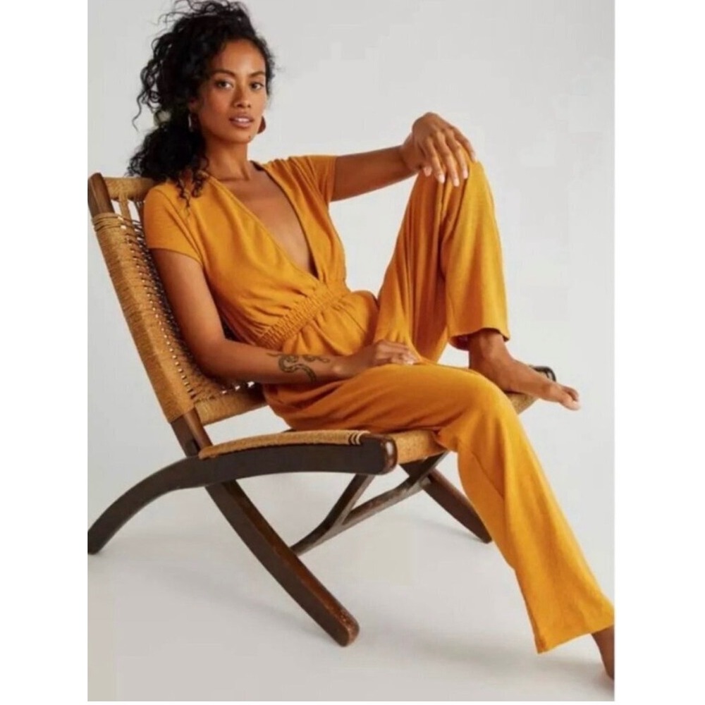 Free People Beach Rita One Piece Mustard Yellow Plunge Terry Jumpsuit Size Small